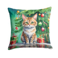 Pixie Bob Cat By the Christmas Tree Decorative Throw Pillow 14x14 Indoor Outdoor Accent Cushion, Fabric Cover with Insert for Sofa, Bed, Porch & Living Room