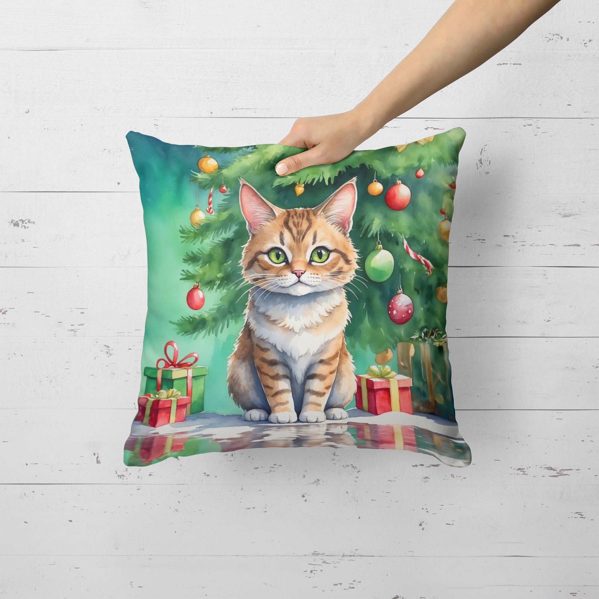 Pixie Bob Cat By the Christmas Tree Decorative Throw Pillow 18x18 Indoor Outdoor Accent Cushion, Fabric Cover with Insert for Sofa, Bed, Porch & Living Room