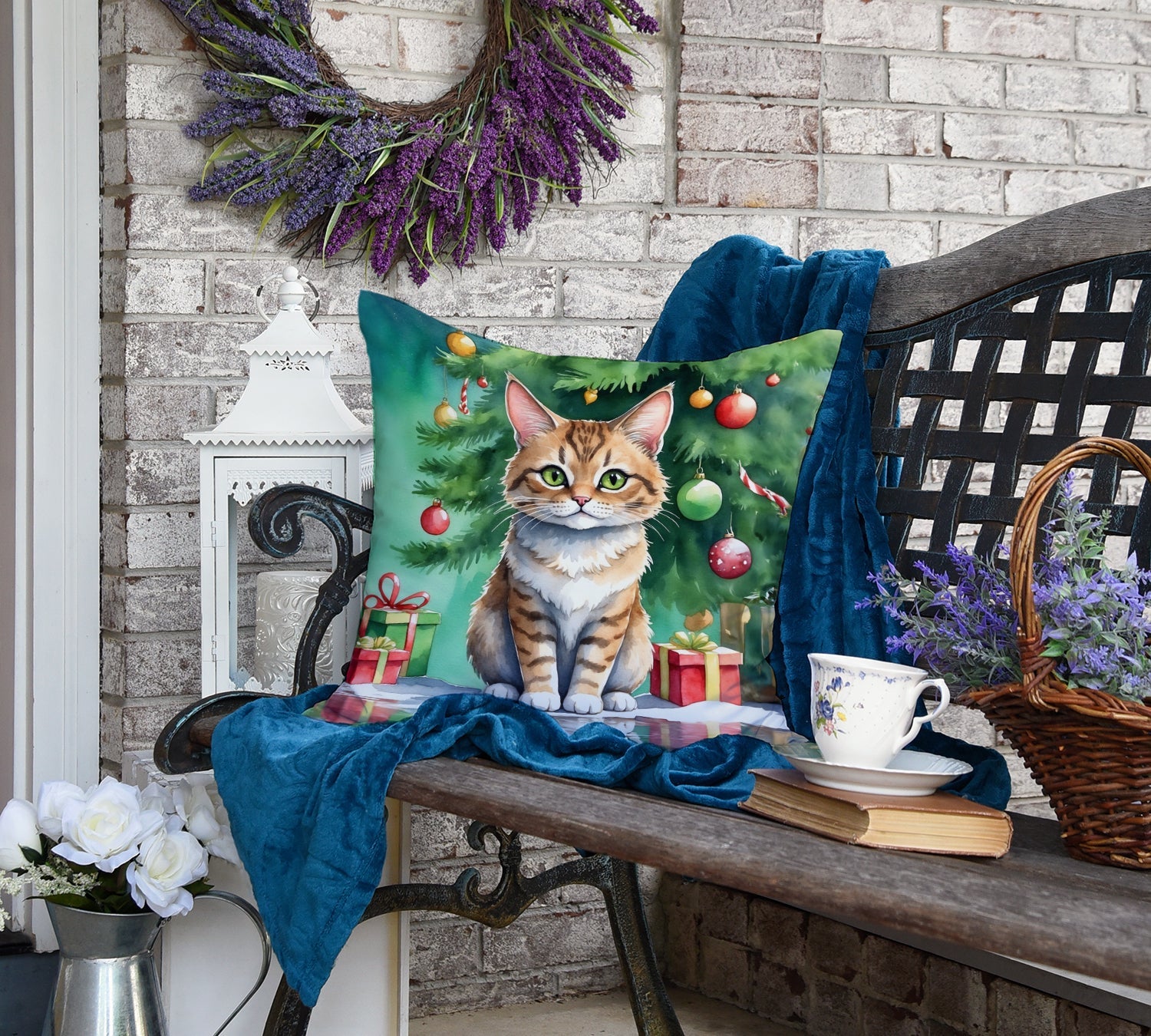 Pixie Bob Cat By the Christmas Tree Decorative Throw Pillow 18x18 Indoor Outdoor Accent Cushion, Fabric Cover with Insert for Sofa, Bed, Porch & Living Room