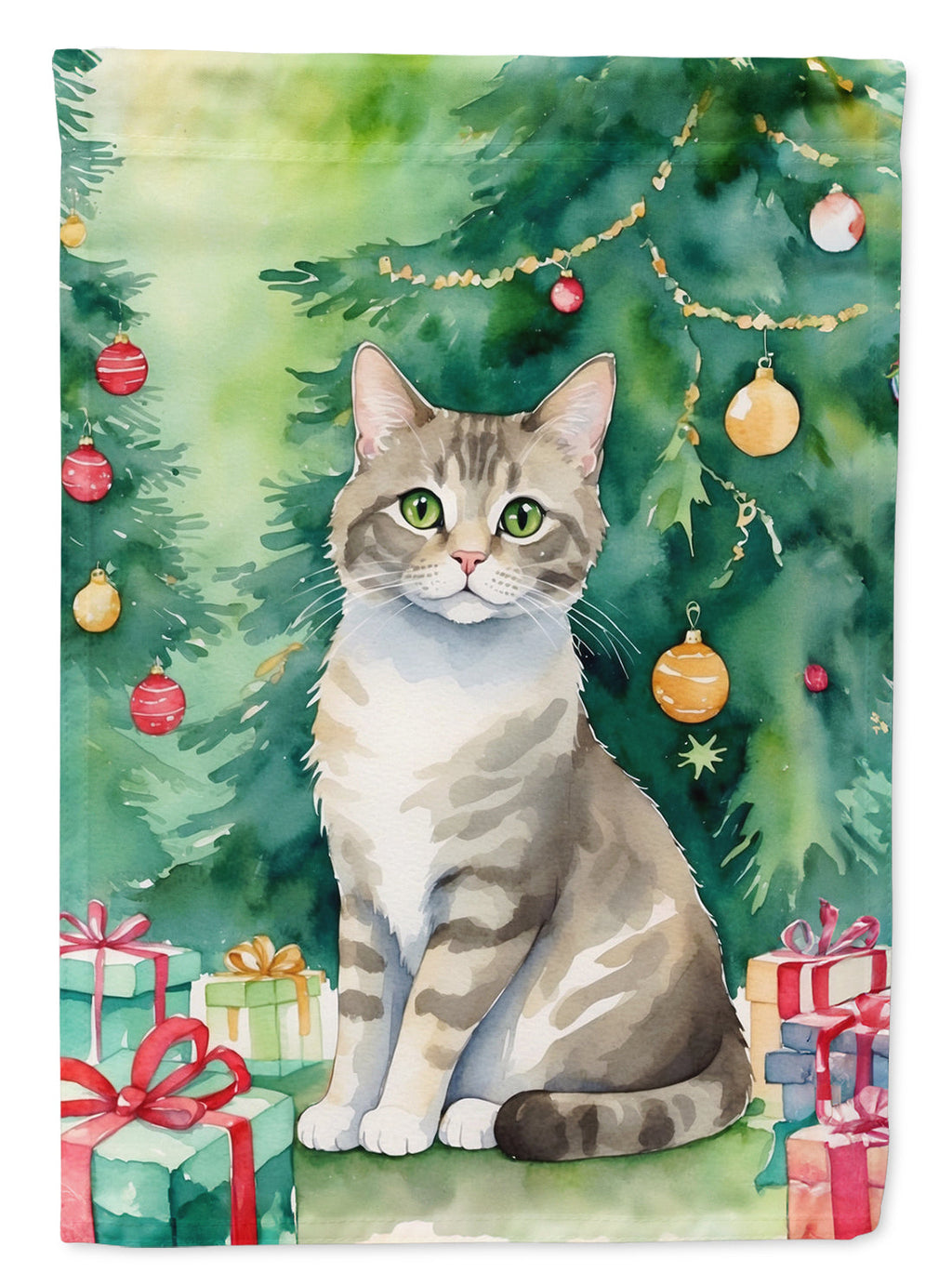 Pudelkatze Cat By the Christmas Tree House Flag 28x40 Porch Sleeve Pole Decorative Outside Yard Banner Artwork Wall Hanging, Polyester