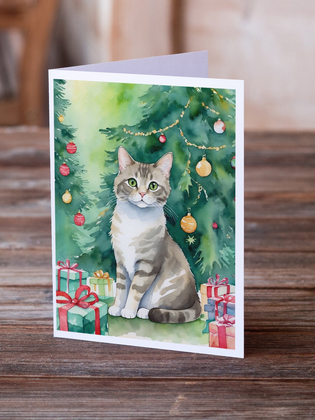 Pudelkatze Cat By the Christmas Tree Greeting Cards Pack of 8 Blank Cards with Envelopes Whimsical A7 Size 5x7