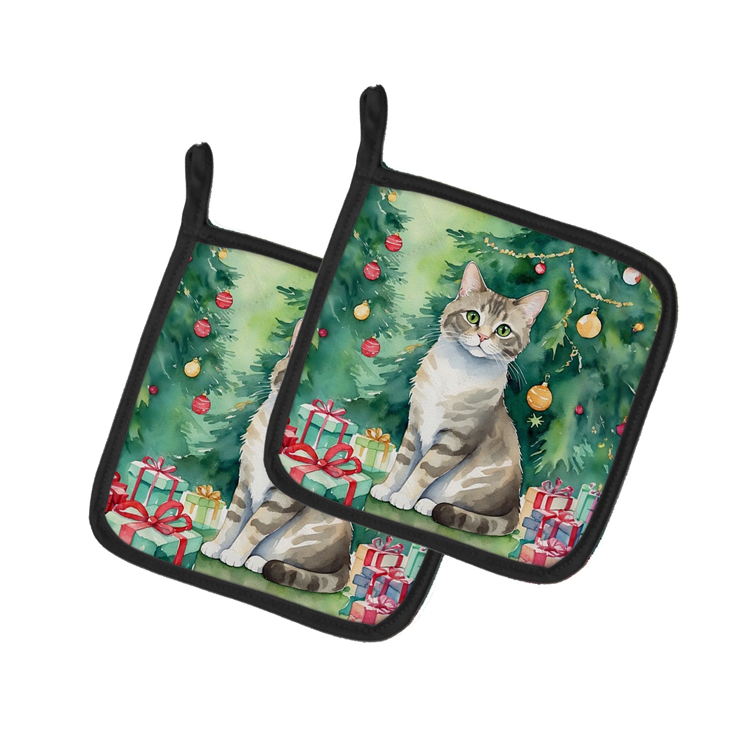 Pudelkatze Cat By the Christmas Tree Pot Holder Set of 2 Heat Resistant Quilted Hot Pads 7.5 x 7.5 Inch, Insulated Kitchen Trivets for Cooking & Baking