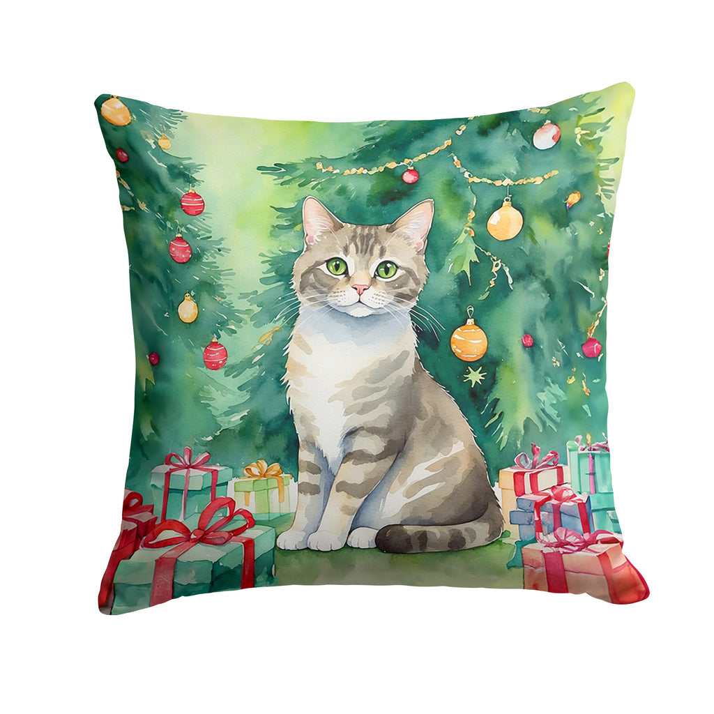 Pudelkatze Cat By the Christmas Tree Decorative Throw Pillow 14x14 Indoor Outdoor Accent Cushion, Fabric Cover with Insert for Sofa, Bed, Porch & Living Room