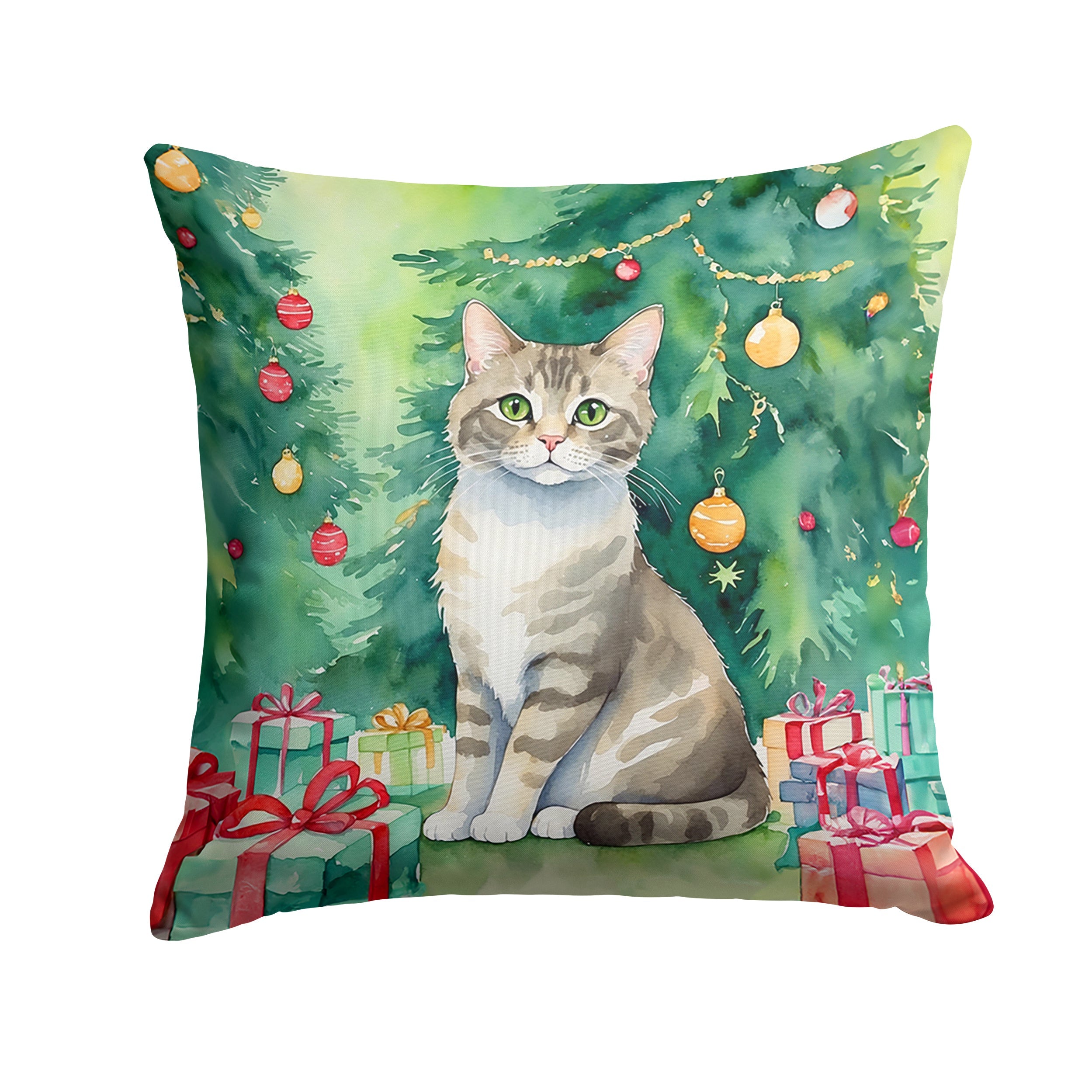 Pudelkatze Cat By the Christmas Tree Decorative Throw Pillow 14x14 Indoor Outdoor Accent Cushion, Fabric Cover with Insert for Sofa, Bed, Porch & Living Room