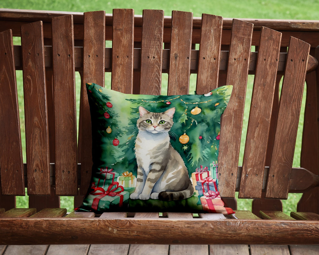 Pudelkatze Cat By the Christmas Tree Decorative Throw Pillow 14x14 Indoor Outdoor Accent Cushion, Fabric Cover with Insert for Sofa, Bed, Porch & Living Room