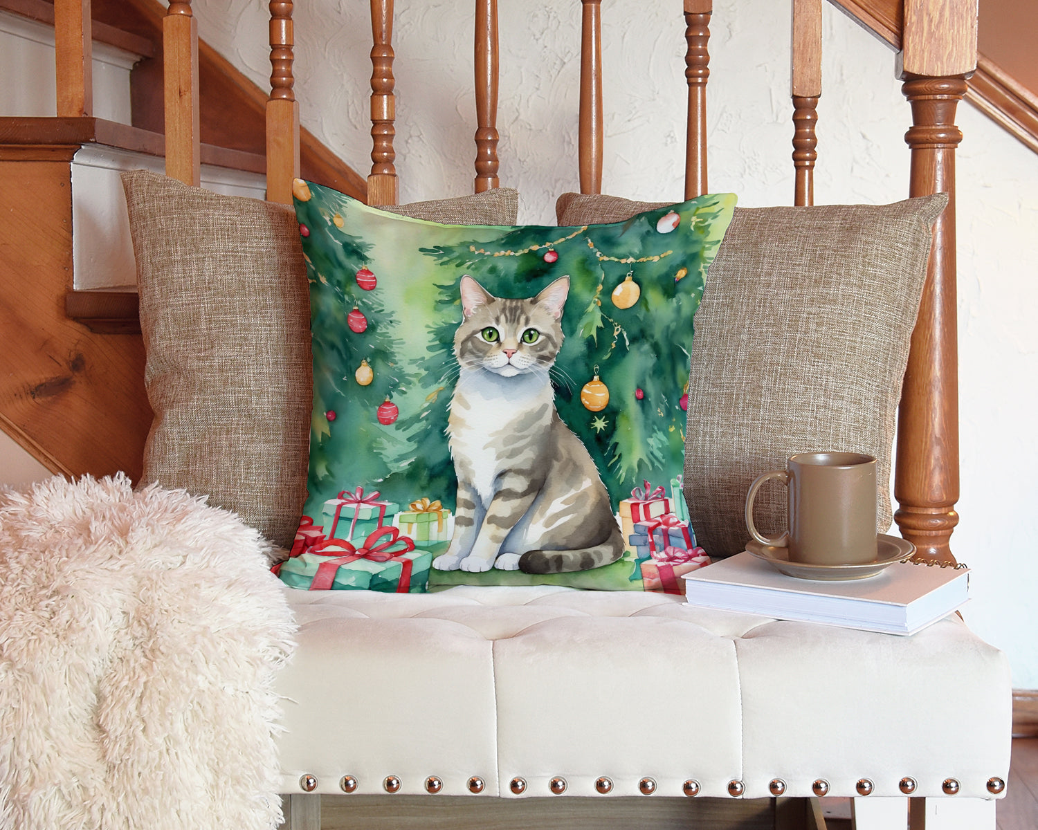 Pudelkatze Cat By the Christmas Tree Decorative Throw Pillow 14x14 Indoor Outdoor Accent Cushion, Fabric Cover with Insert for Sofa, Bed, Porch & Living Room