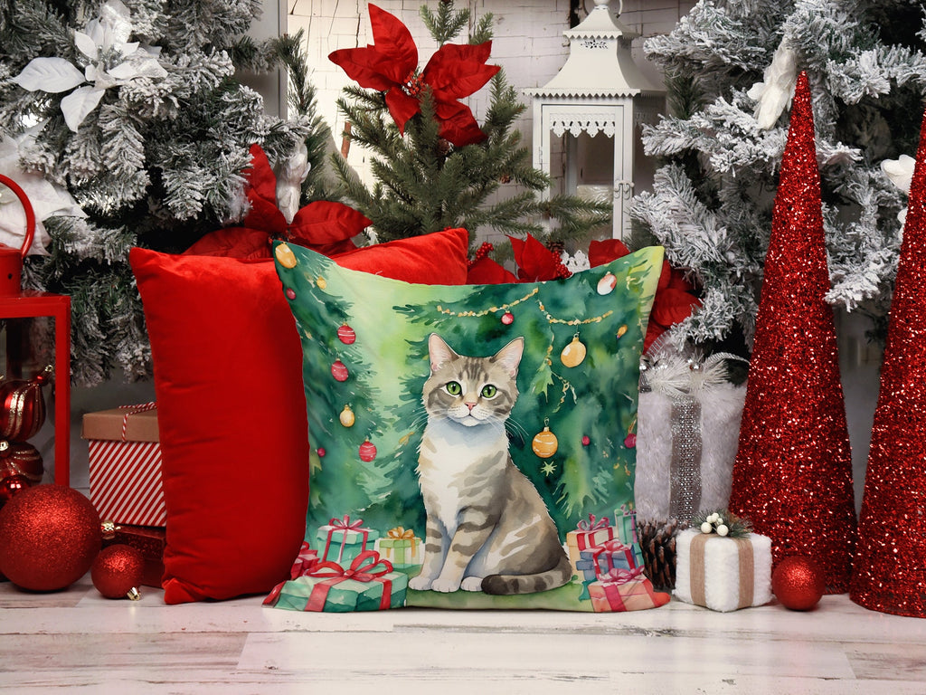 Pudelkatze Cat By the Christmas Tree Decorative Throw Pillow 18x18 Indoor Outdoor Accent Cushion, Fabric Cover with Insert for Sofa, Bed, Porch & Living Room