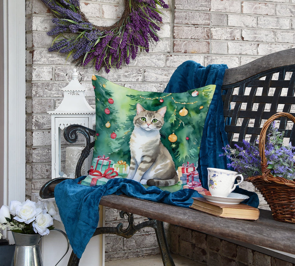 Pudelkatze Cat By the Christmas Tree Decorative Throw Pillow 18x18 Indoor Outdoor Accent Cushion, Fabric Cover with Insert for Sofa, Bed, Porch & Living Room