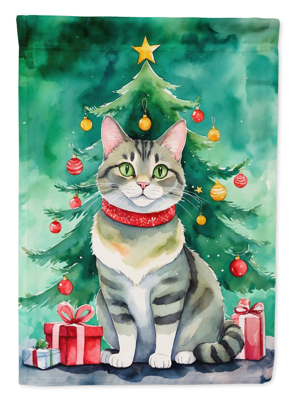 Raas Cat By the Christmas Tree House Flag 28x40 Porch Sleeve Pole Decorative Outside Yard Banner Artwork Wall Hanging, Polyester