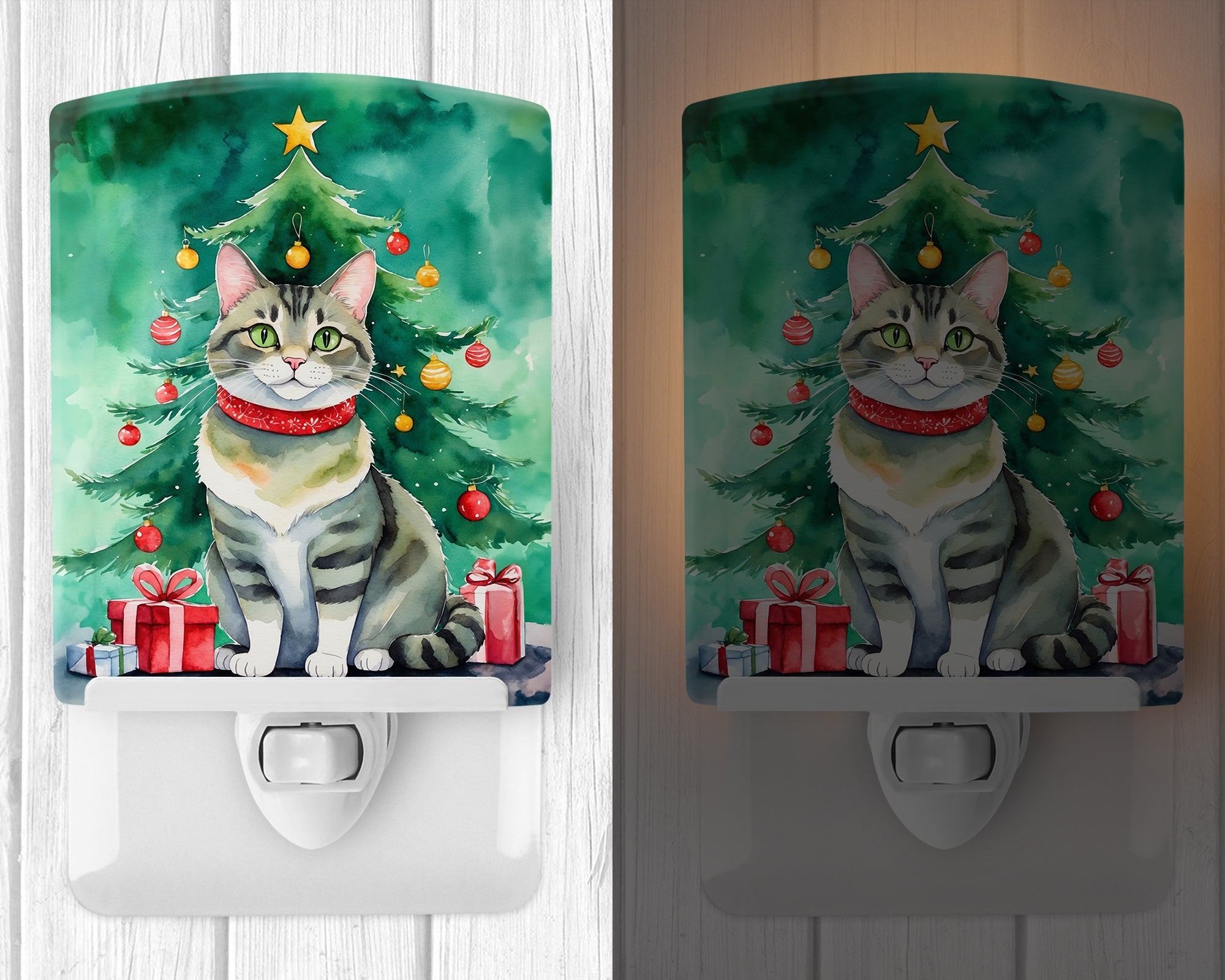 Raas Cat By the Christmas Tree Ceramic Night Light Compact, UL-Certified, Ideal for Bedroom, Bathroom, Nursery, Hallway, Kitchen, 6x4x3, Multicolor