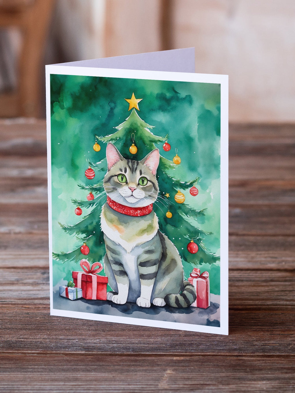 Raas Cat By the Christmas Tree Greeting Cards Pack of 8 Blank Cards with Envelopes Whimsical A7 Size 5x7