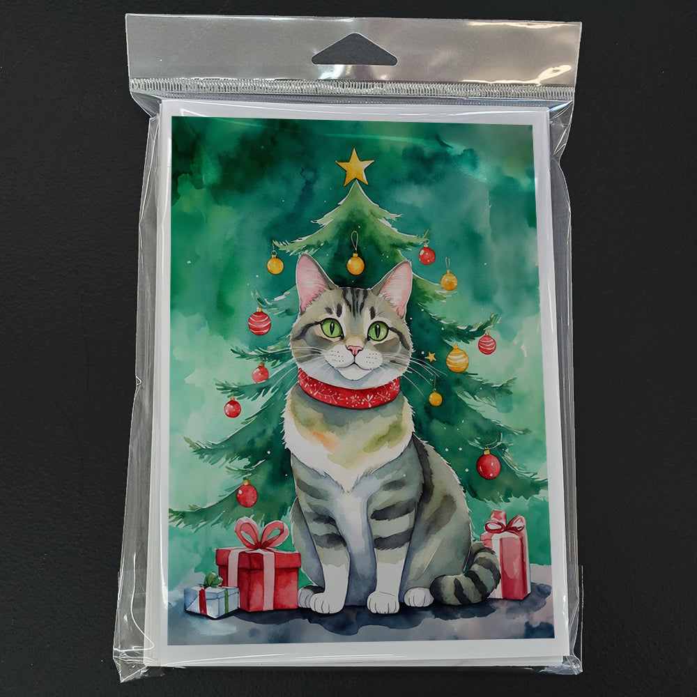 Raas Cat By the Christmas Tree Greeting Cards Pack of 8 Blank Cards with Envelopes Whimsical A7 Size 5x7