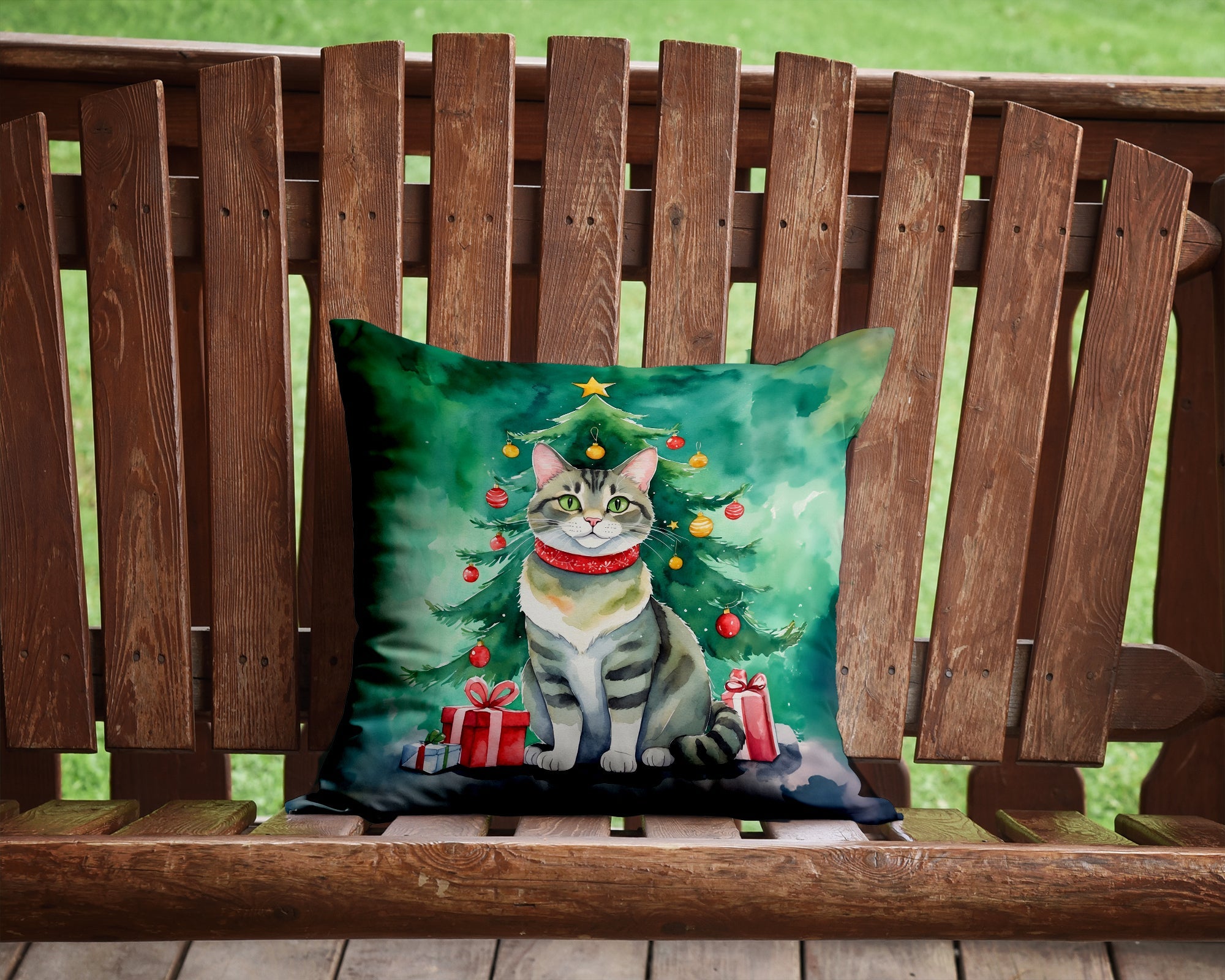 Raas Cat By the Christmas Tree Decorative Throw Pillow 14x14 Indoor Outdoor Accent Cushion, Fabric Cover with Insert for Sofa, Bed, Porch & Living Room