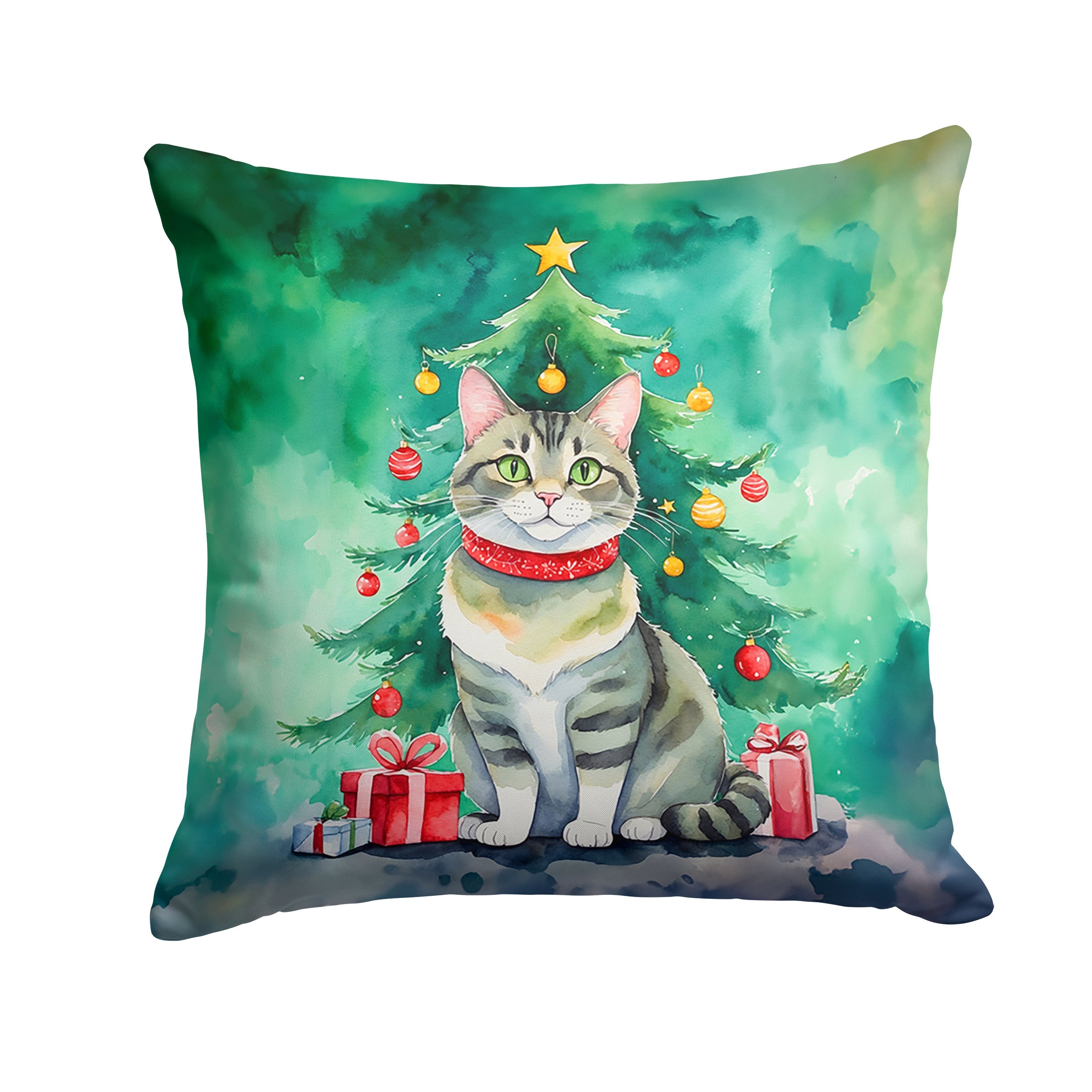 Raas Cat By the Christmas Tree Decorative Throw Pillow 18x18 Indoor Outdoor Accent Cushion, Fabric Cover with Insert for Sofa, Bed, Porch & Living Room