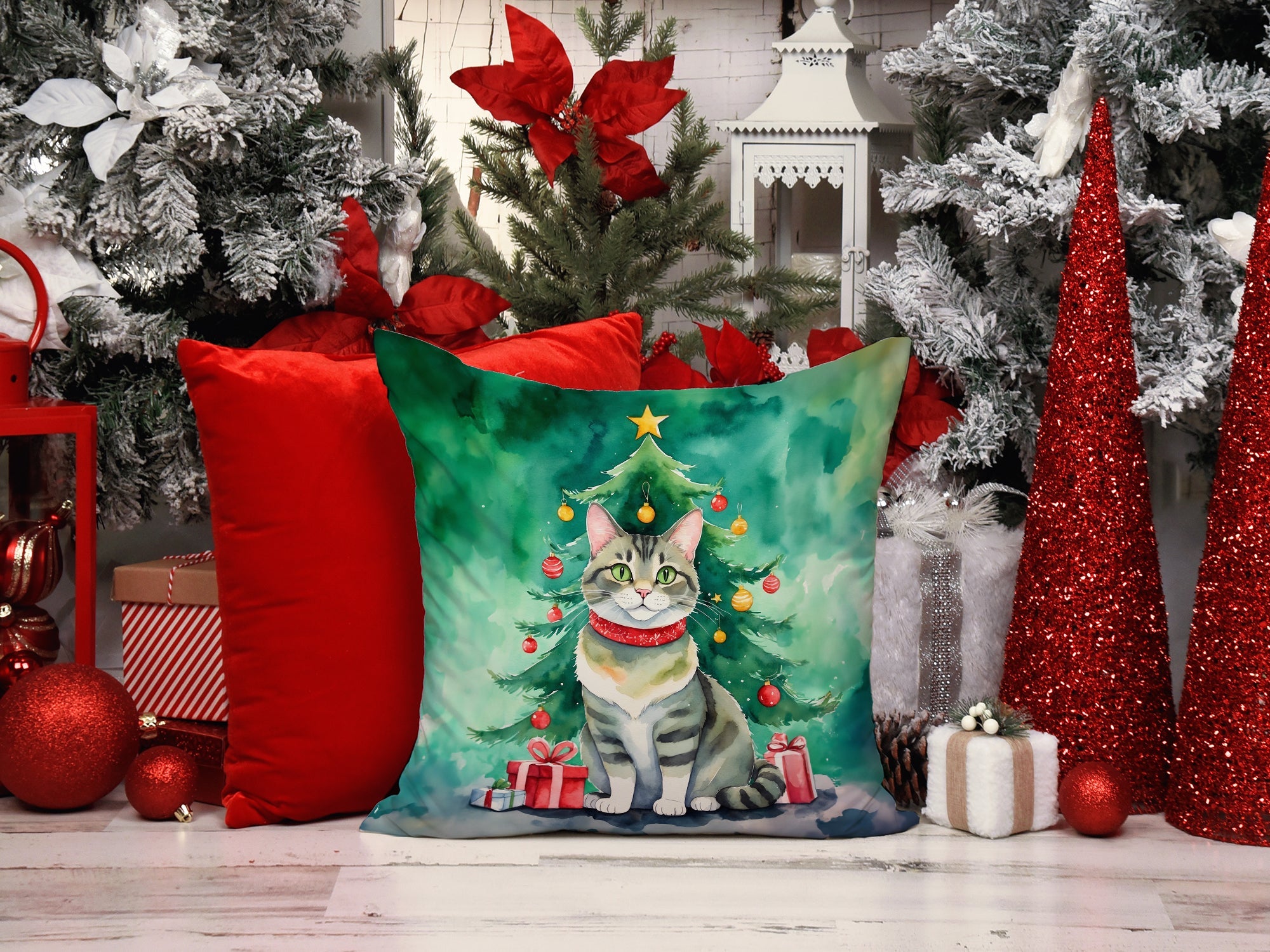 Raas Cat By the Christmas Tree Decorative Throw Pillow 18x18 Indoor Outdoor Accent Cushion, Fabric Cover with Insert for Sofa, Bed, Porch & Living Room