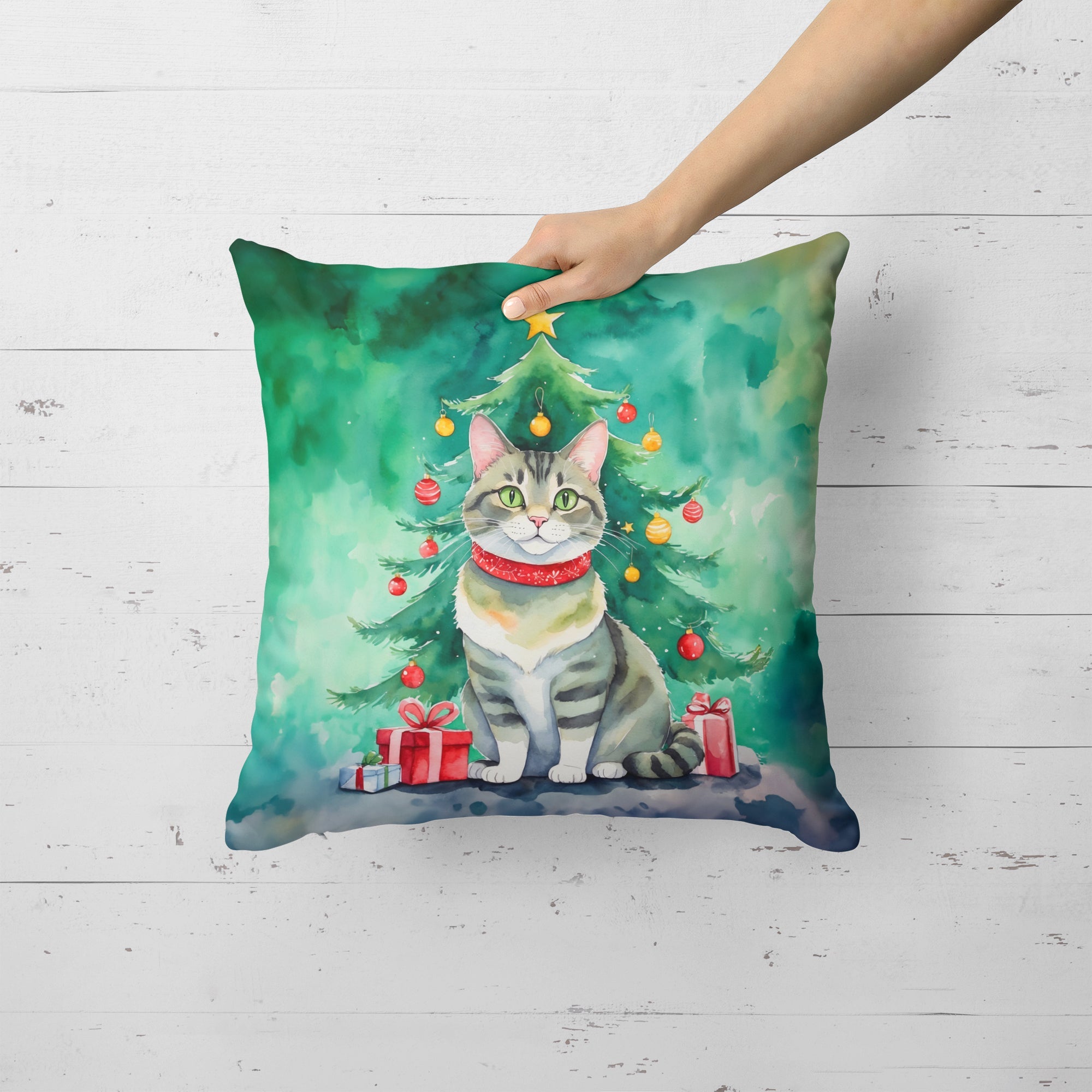 Raas Cat By the Christmas Tree Decorative Throw Pillow 18x18 Indoor Outdoor Accent Cushion, Fabric Cover with Insert for Sofa, Bed, Porch & Living Room