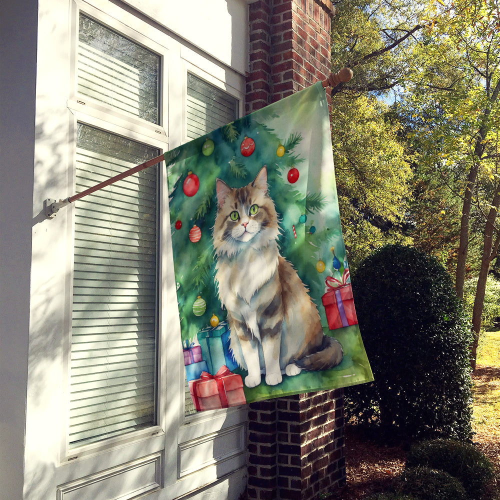Ragamuffin Cat By the Christmas Tree House Flag 28x40 Porch Sleeve Pole Decorative Outside Yard Banner Artwork Wall Hanging, Polyester