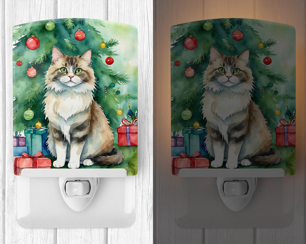 Ragamuffin Cat By the Christmas Tree Ceramic Night Light Compact, UL-Certified, Ideal for Bedroom, Bathroom, Nursery, Hallway, Kitchen, 6x4x3, Multicolor