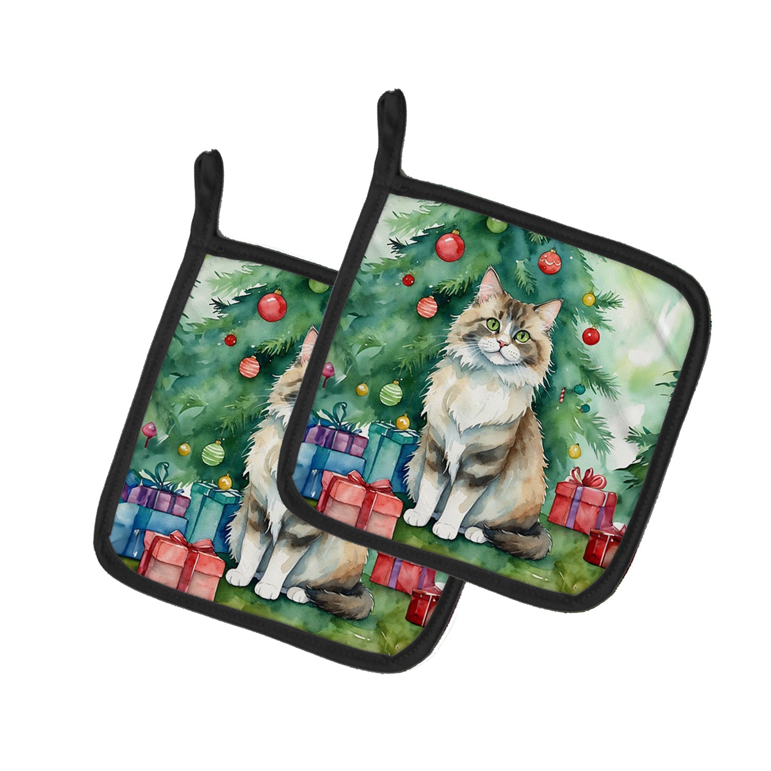 Ragamuffin Cat By the Christmas Tree Pot Holder Set of 2 Heat Resistant Quilted Hot Pads 7.5 x 7.5 Inch, Insulated Kitchen Trivets for Cooking & Baking