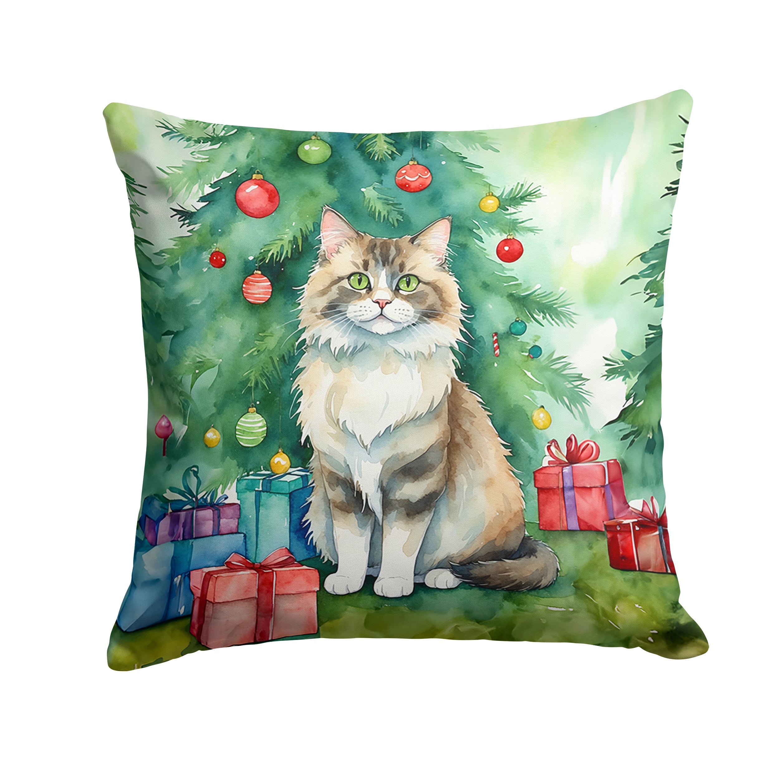 Ragamuffin Cat By the Christmas Tree Decorative Throw Pillow 14x14 Indoor Outdoor Accent Cushion, Fabric Cover with Insert for Sofa, Bed, Porch & Living Room