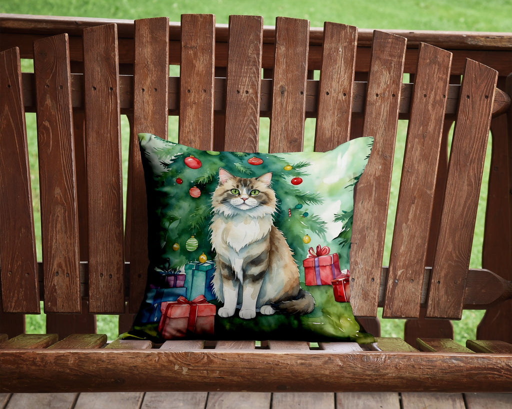 Ragamuffin Cat By the Christmas Tree Decorative Throw Pillow 14x14 Indoor Outdoor Accent Cushion, Fabric Cover with Insert for Sofa, Bed, Porch & Living Room