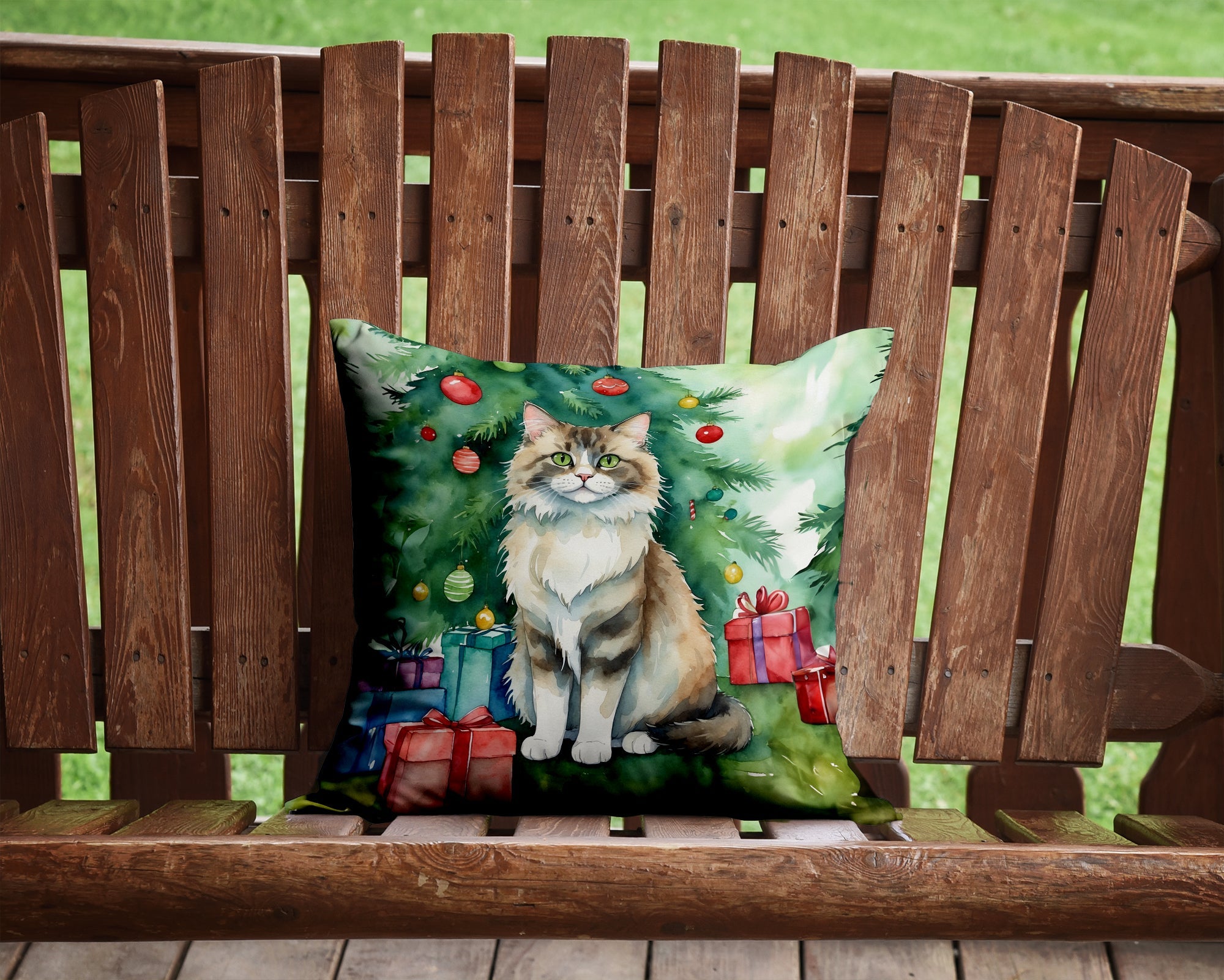 Ragamuffin Cat By the Christmas Tree Decorative Throw Pillow 14x14 Indoor Outdoor Accent Cushion, Fabric Cover with Insert for Sofa, Bed, Porch & Living Room