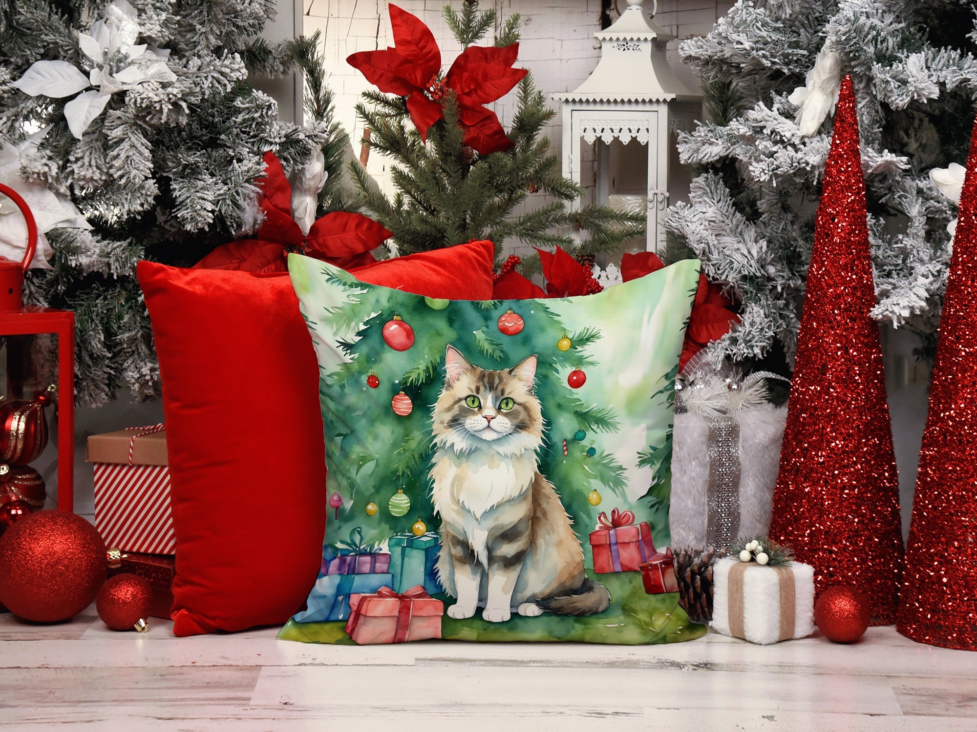 Ragamuffin Cat By the Christmas Tree Decorative Throw Pillow 18x18 Indoor Outdoor Accent Cushion, Fabric Cover with Insert for Sofa, Bed, Porch & Living Room