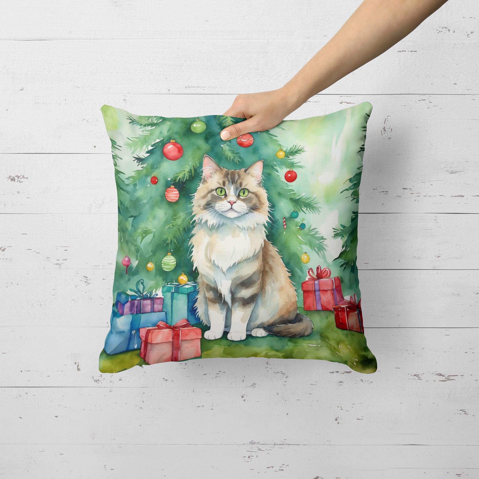 Ragamuffin Cat By the Christmas Tree Decorative Throw Pillow 18x18 Indoor Outdoor Accent Cushion, Fabric Cover with Insert for Sofa, Bed, Porch & Living Room