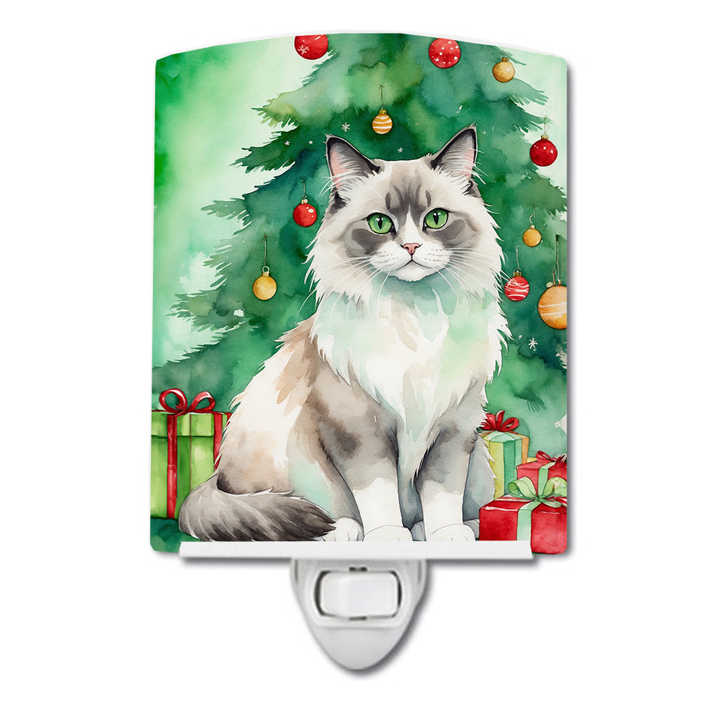 Ragdoll Cat By the Christmas Tree Ceramic Night Light Compact, UL-Certified, Ideal for Bedroom, Bathroom, Nursery, Hallway, Kitchen, 6x4x3, Multicolor