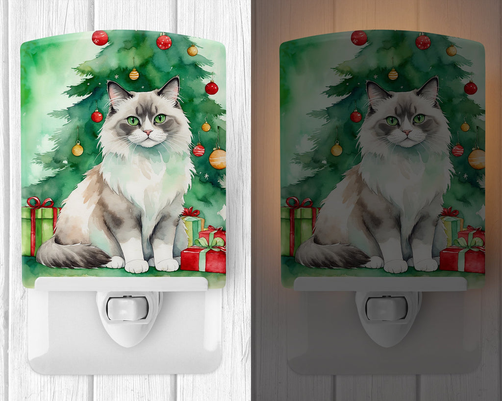 Ragdoll Cat By the Christmas Tree Ceramic Night Light Compact, UL-Certified, Ideal for Bedroom, Bathroom, Nursery, Hallway, Kitchen, 6x4x3, Multicolor