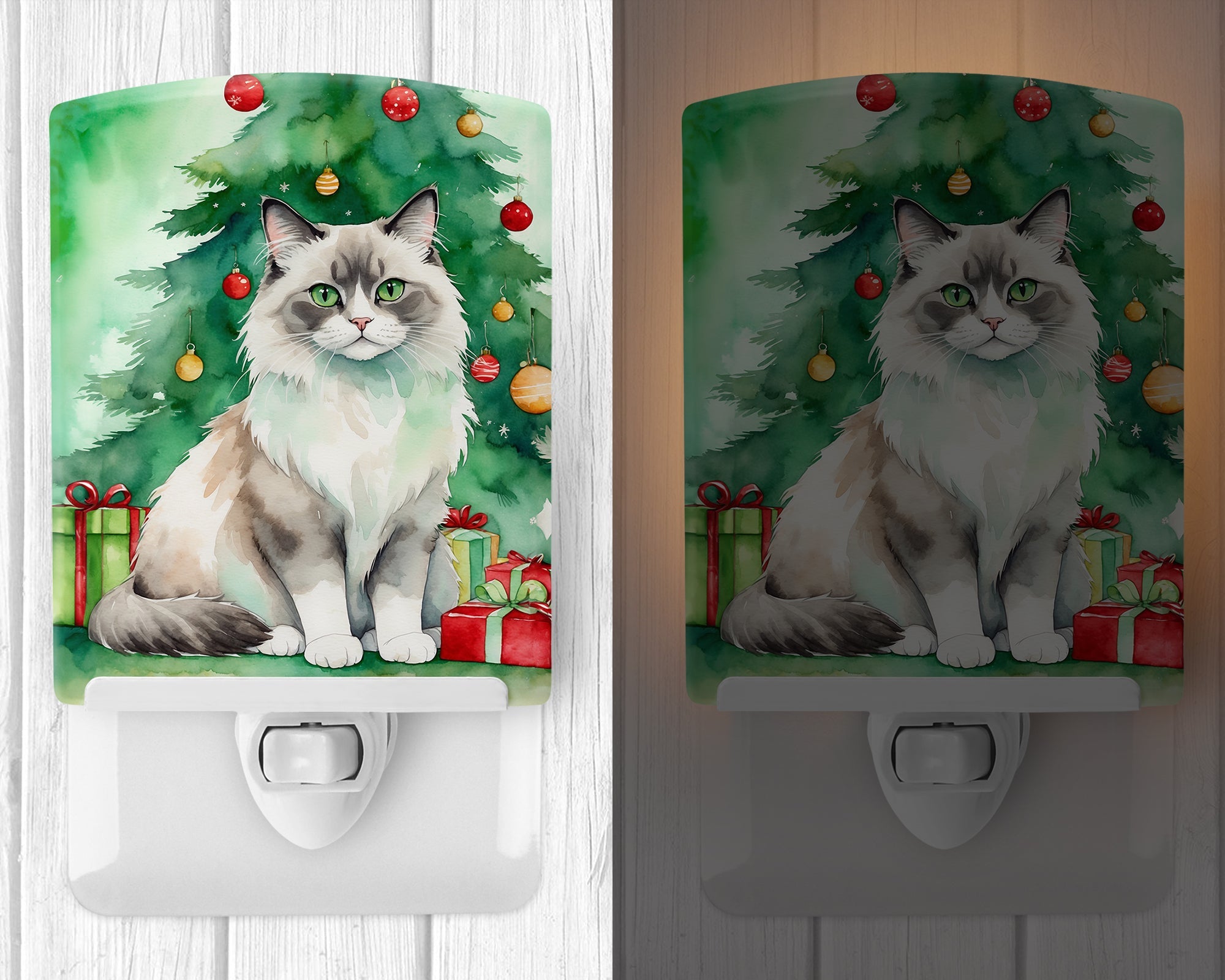 Ragdoll Cat By the Christmas Tree Ceramic Night Light Compact, UL-Certified, Ideal for Bedroom, Bathroom, Nursery, Hallway, Kitchen, 6x4x3, Multicolor