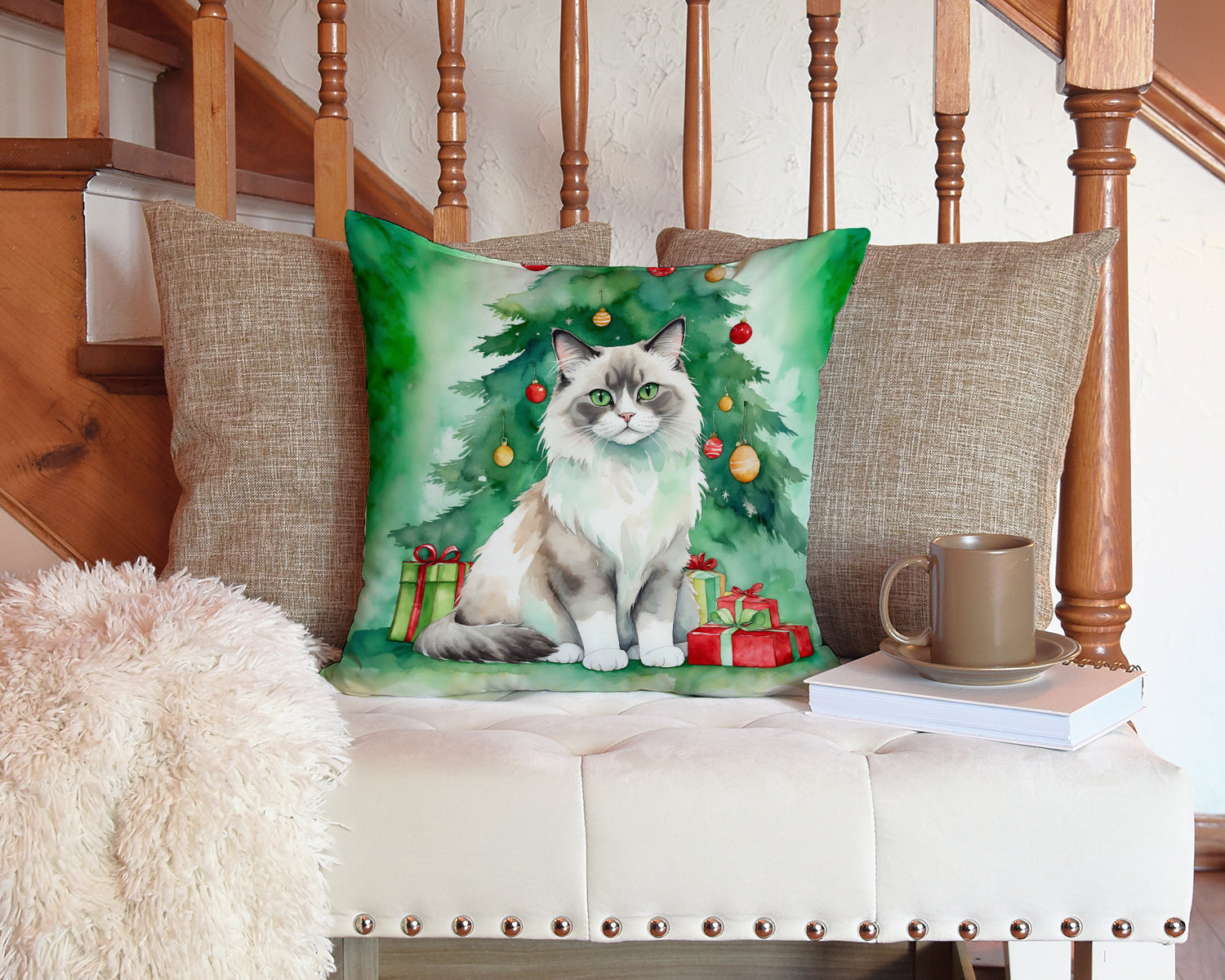 Ragdoll Cat By the Christmas Tree Decorative Throw Pillow 14x14 Indoor Outdoor Accent Cushion, Fabric Cover with Insert for Sofa, Bed, Porch & Living Room