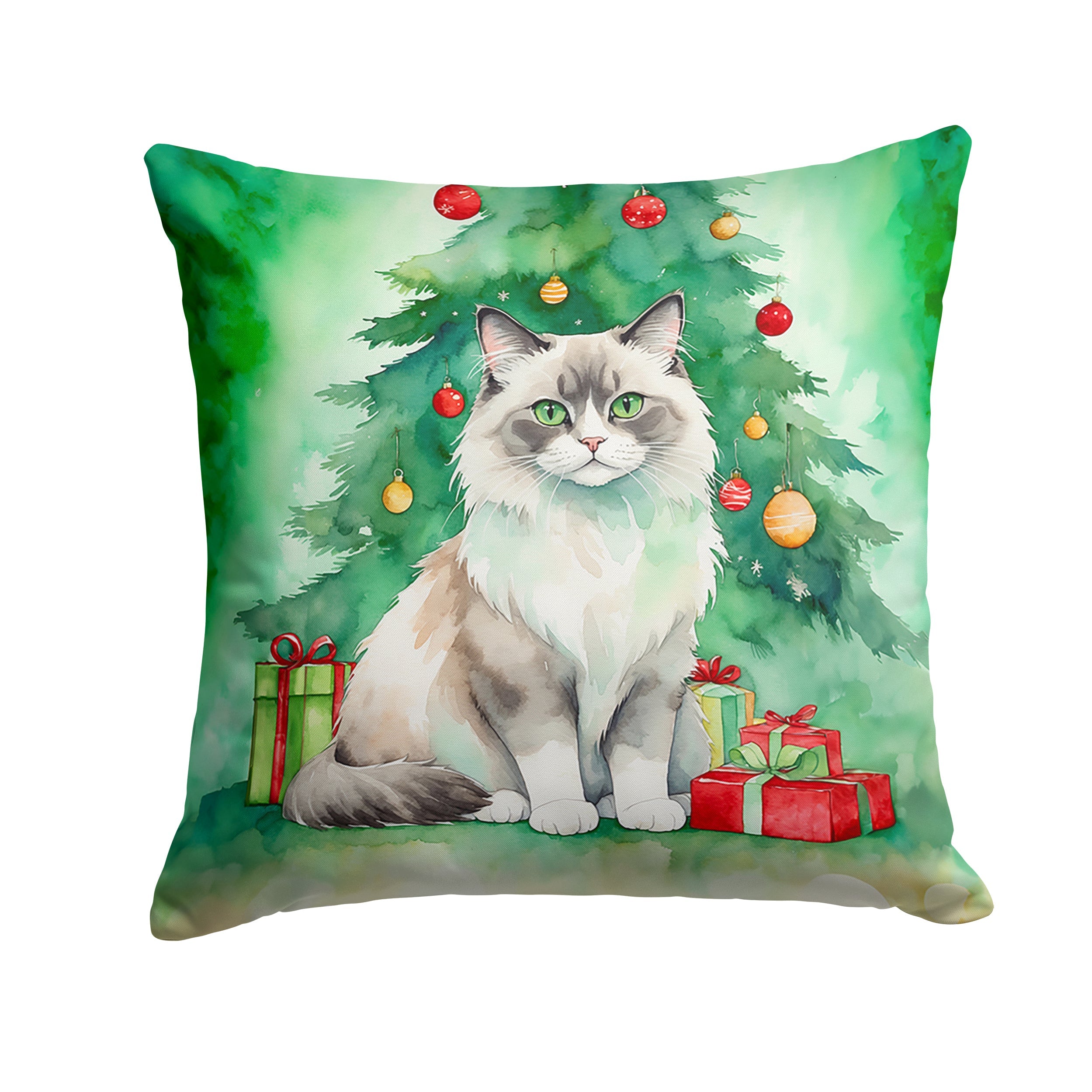 Ragdoll Cat By the Christmas Tree Decorative Throw Pillow 18x18 Indoor Outdoor Accent Cushion, Fabric Cover with Insert for Sofa, Bed, Porch & Living Room