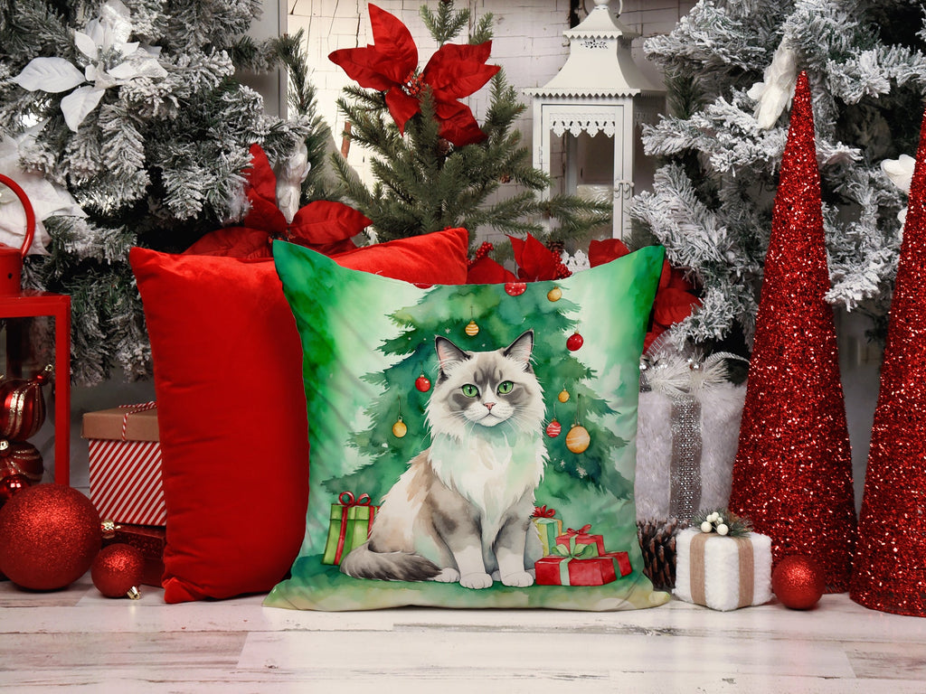 Ragdoll Cat By the Christmas Tree Decorative Throw Pillow 18x18 Indoor Outdoor Accent Cushion, Fabric Cover with Insert for Sofa, Bed, Porch & Living Room