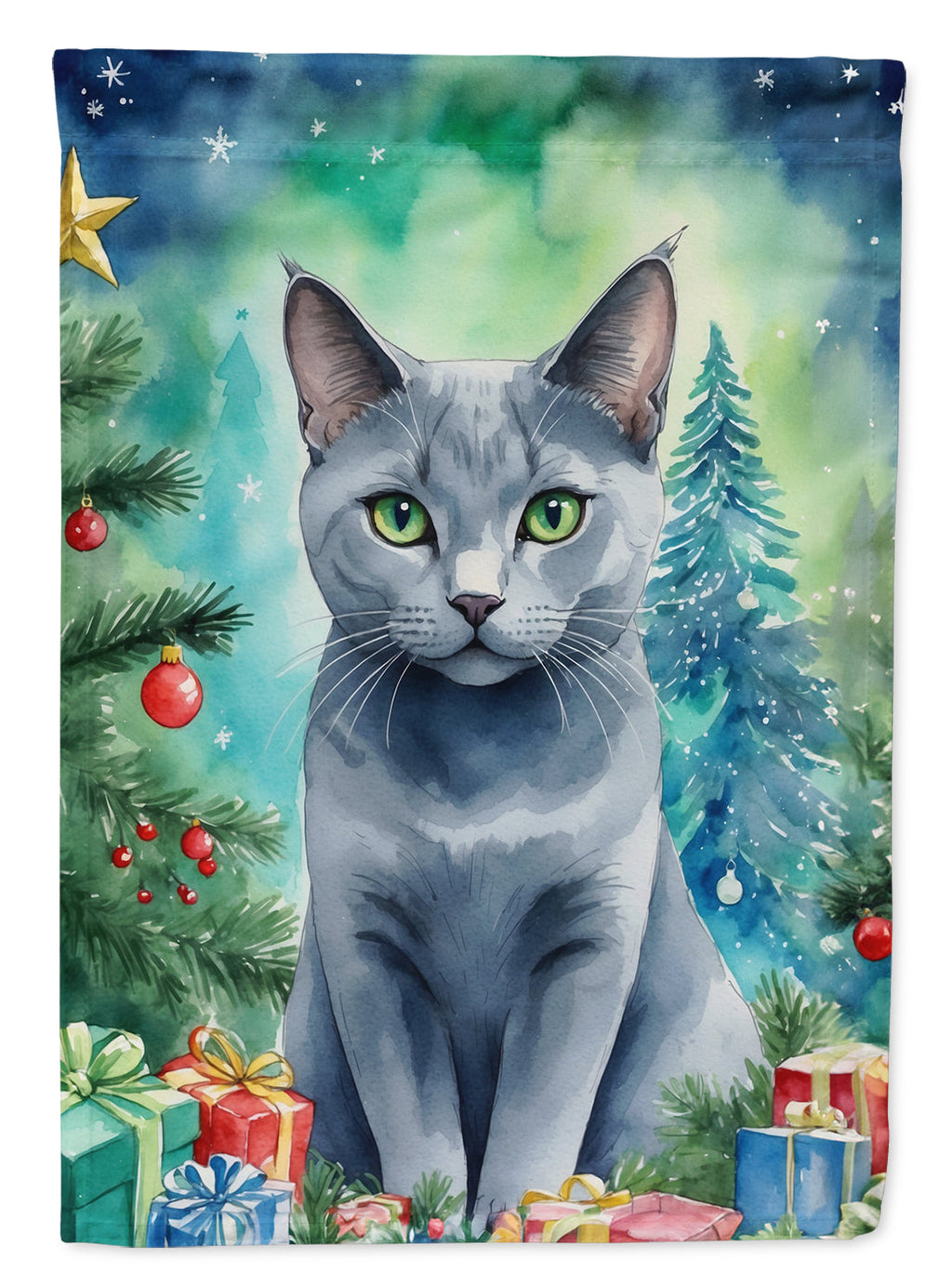 Russian Blue Cat By the Christmas Tree House Flag 28x40 Porch Sleeve Pole Decorative Outside Yard Banner Artwork Wall Hanging, Polyester