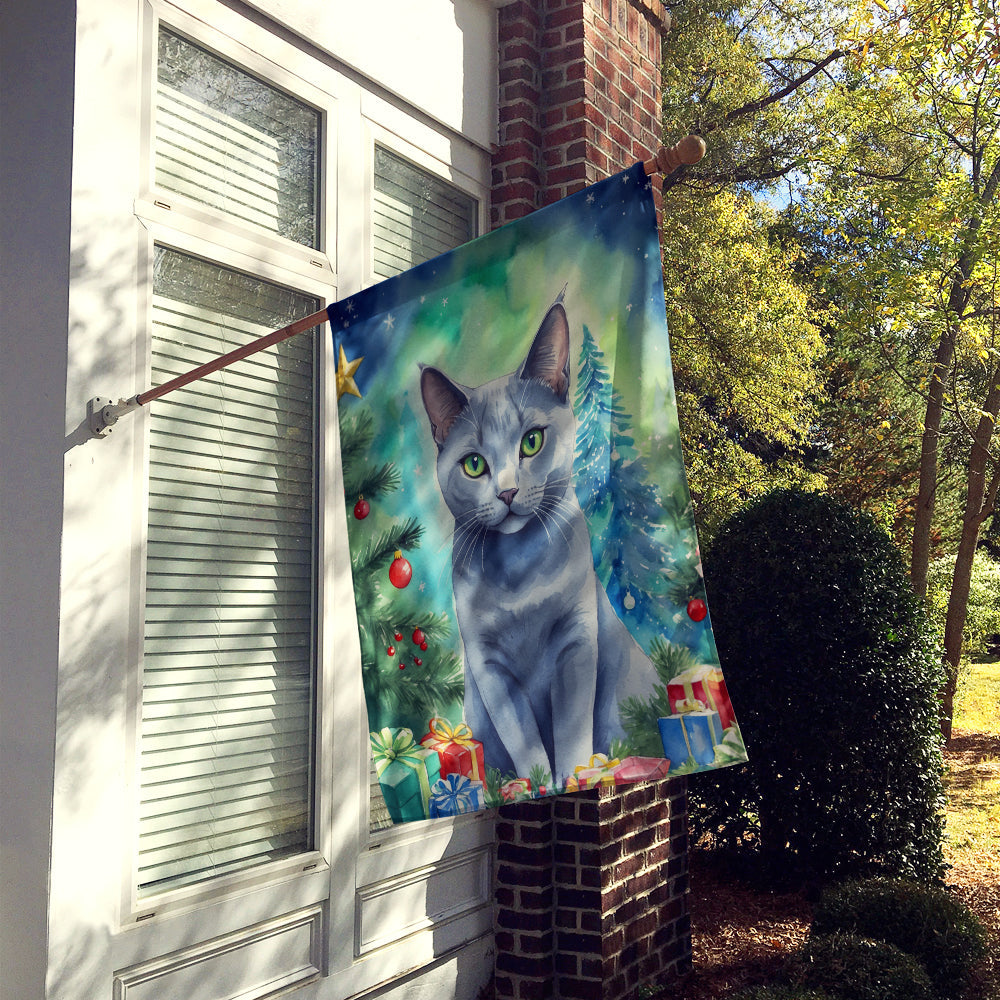 Russian Blue Cat By the Christmas Tree House Flag 28x40 Porch Sleeve Pole Decorative Outside Yard Banner Artwork Wall Hanging, Polyester