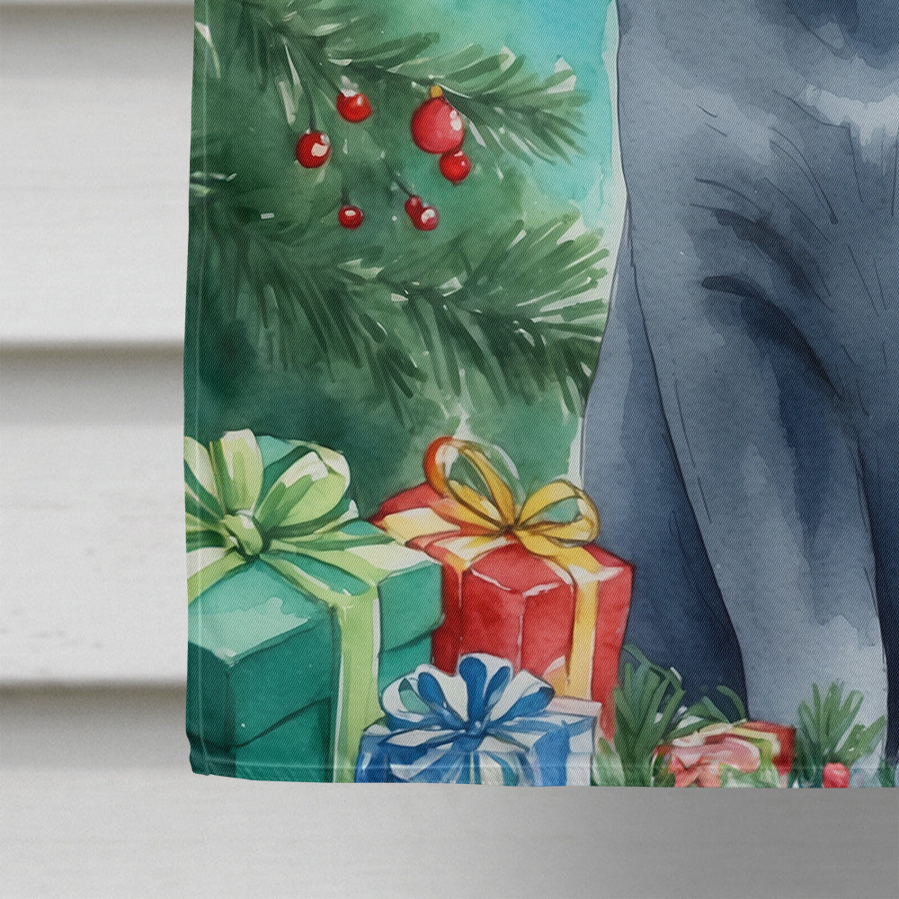 Russian Blue Cat By the Christmas Tree House Flag 28x40 Porch Sleeve Pole Decorative Outside Yard Banner Artwork Wall Hanging, Polyester
