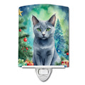 Russian Blue Cat By the Christmas Tree Ceramic Night Light Compact, UL-Certified, Ideal for Bedroom, Bathroom, Nursery, Hallway, Kitchen, 6x4x3, Multicolor