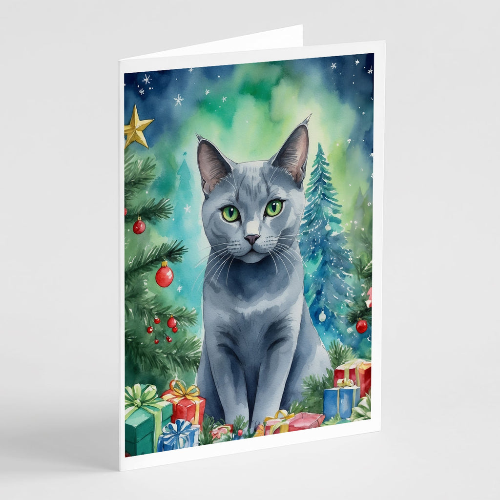 Russian Blue Cat By the Christmas Tree Greeting Cards Pack of 8 Blank Cards with Envelopes Whimsical A7 Size 5x7