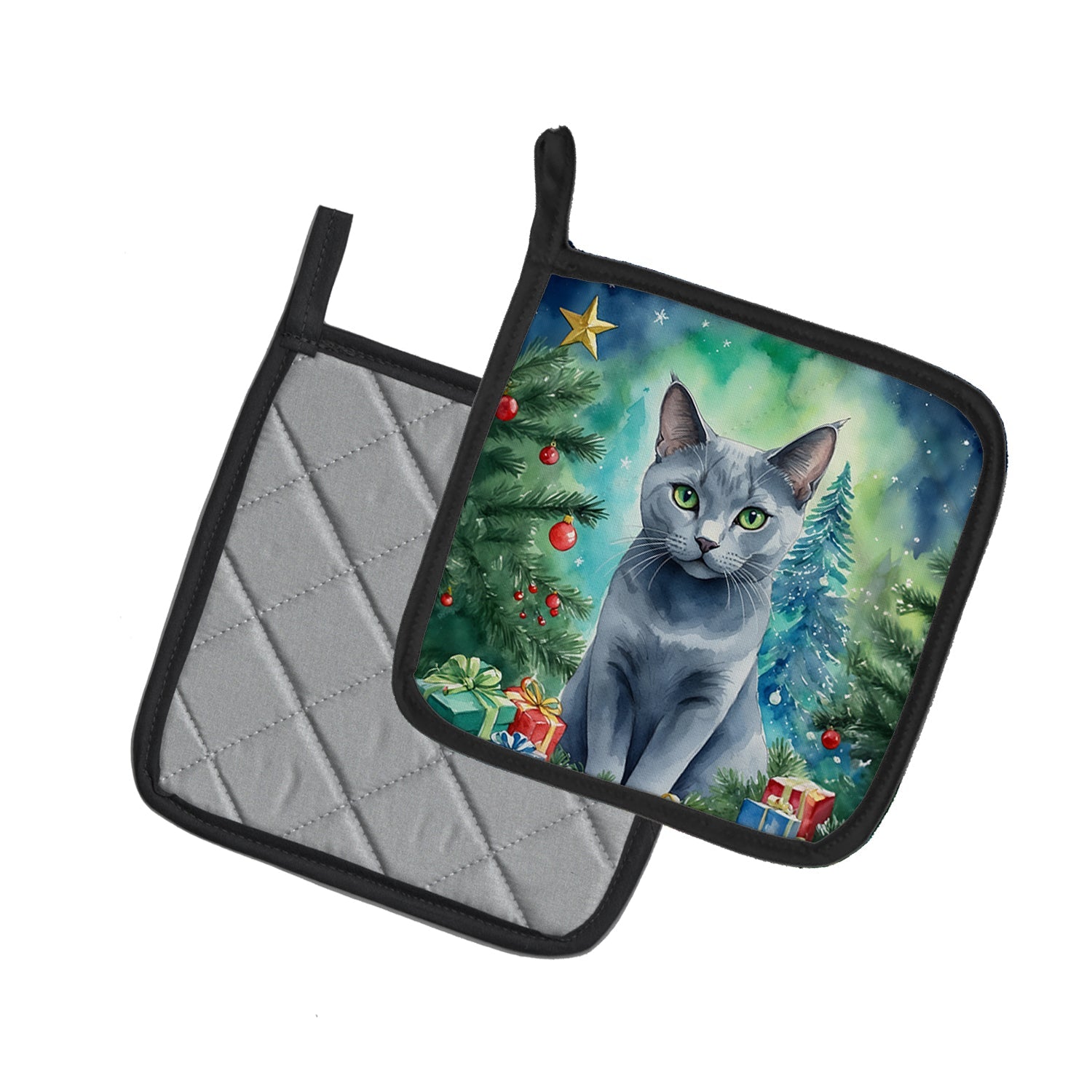 Russian Blue Cat By the Christmas Tree Pot Holder Set of 2 Heat Resistant Quilted Hot Pads 7.5 x 7.5 Inch, Insulated Kitchen Trivets for Cooking & Baking