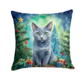 Russian Blue Cat By the Christmas Tree Decorative Throw Pillow 14x14 Indoor Outdoor Accent Cushion, Fabric Cover with Insert for Sofa, Bed, Porch & Living Room