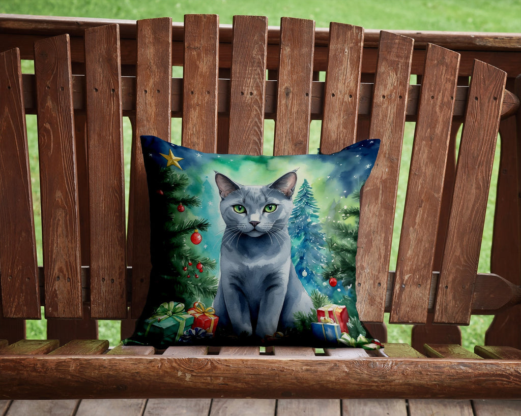 Russian Blue Cat By the Christmas Tree Decorative Throw Pillow 14x14 Indoor Outdoor Accent Cushion, Fabric Cover with Insert for Sofa, Bed, Porch & Living Room