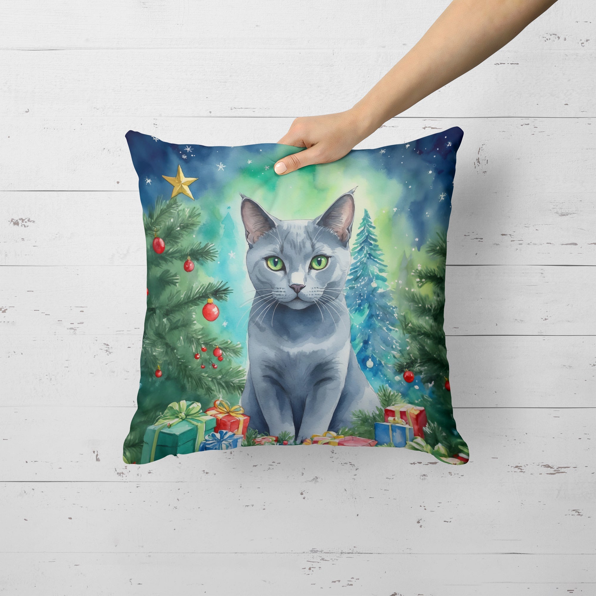 Russian Blue Cat By the Christmas Tree Decorative Throw Pillow 18x18 Indoor Outdoor Accent Cushion, Fabric Cover with Insert for Sofa, Bed, Porch & Living Room