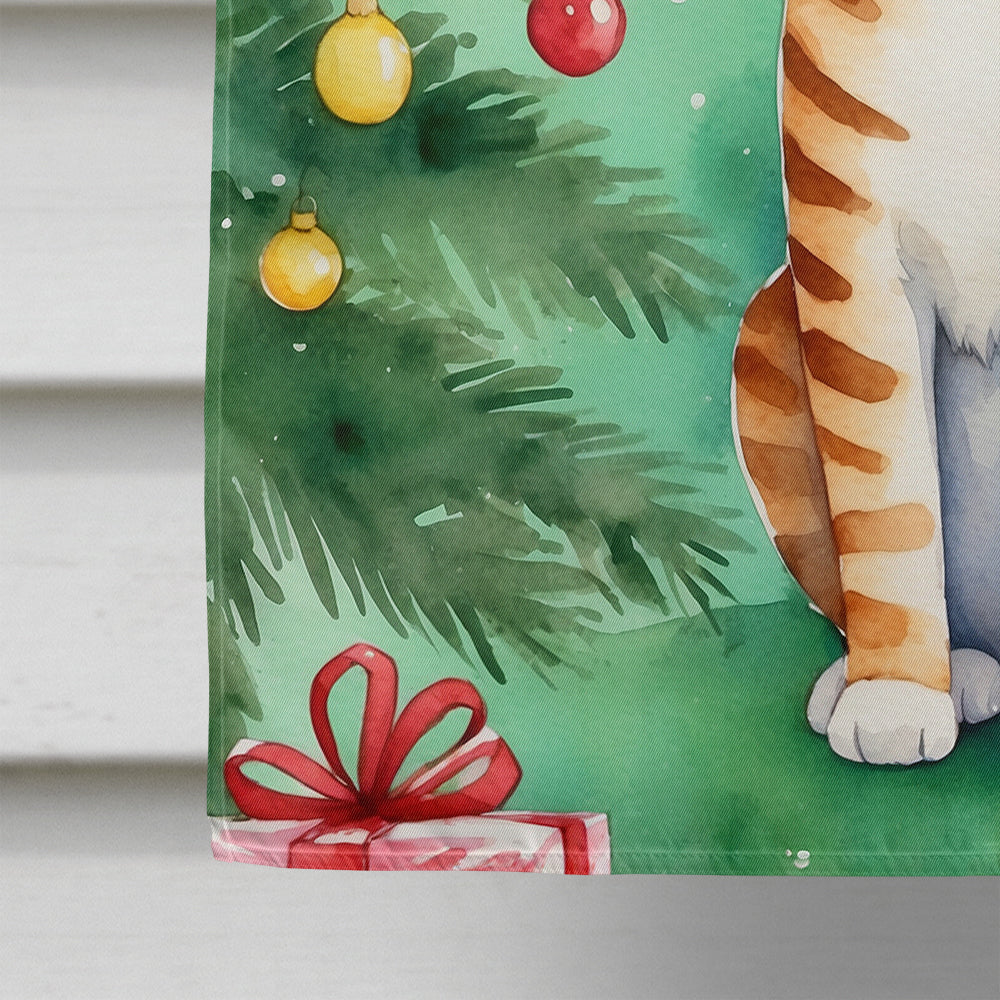 Safari Cat By the Christmas Tree House Flag 28x40 Porch Sleeve Pole Decorative Outside Yard Banner Artwork Wall Hanging, Polyester
