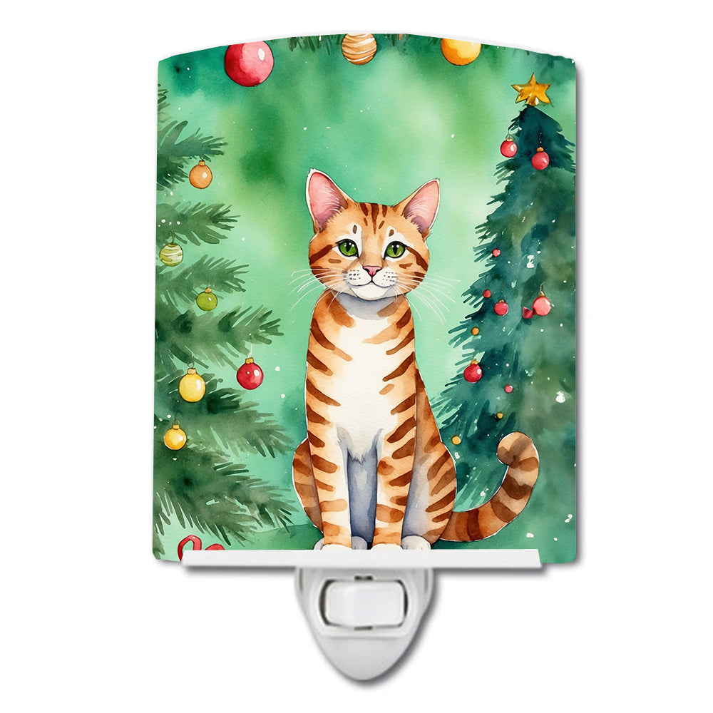 Safari Cat By the Christmas Tree Ceramic Night Light Compact, UL-Certified, Ideal for Bedroom, Bathroom, Nursery, Hallway, Kitchen, 6x4x3, Multicolor