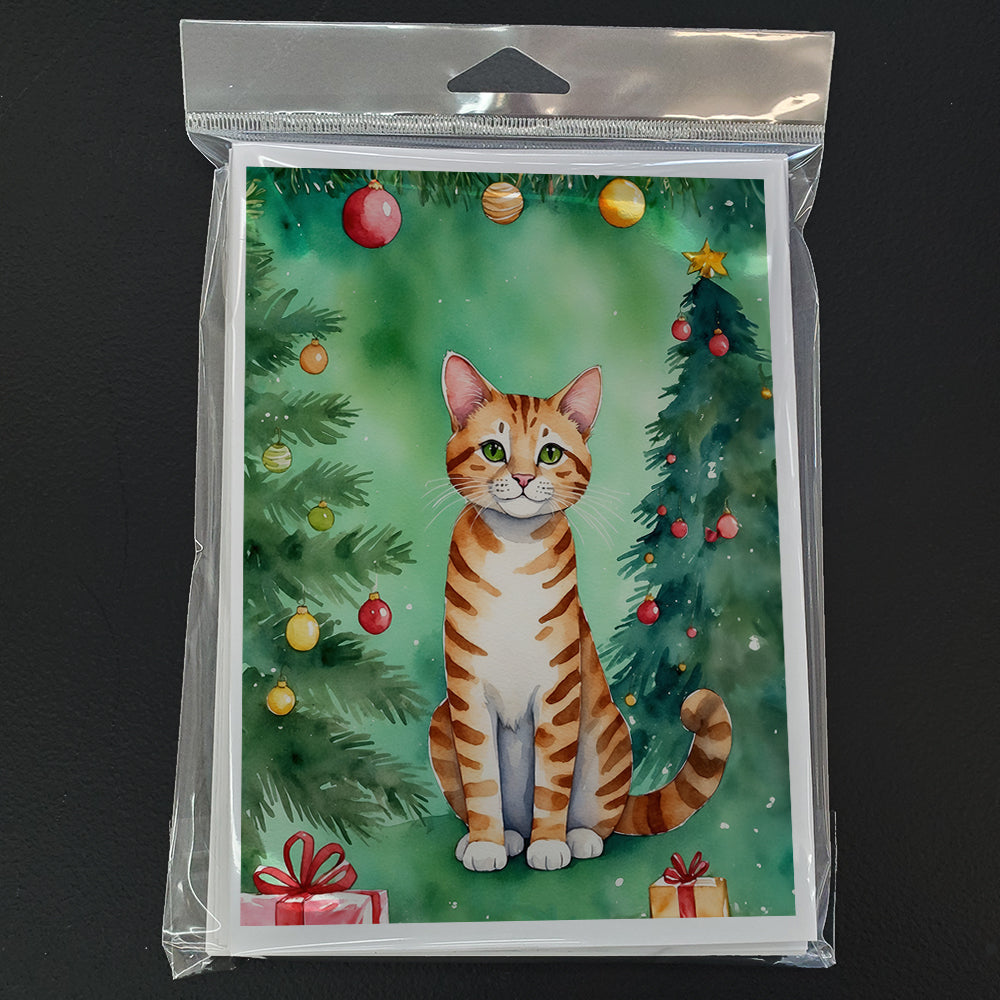 Safari Cat By the Christmas Tree Greeting Cards Pack of 8 Blank Cards with Envelopes Whimsical A7 Size 5x7