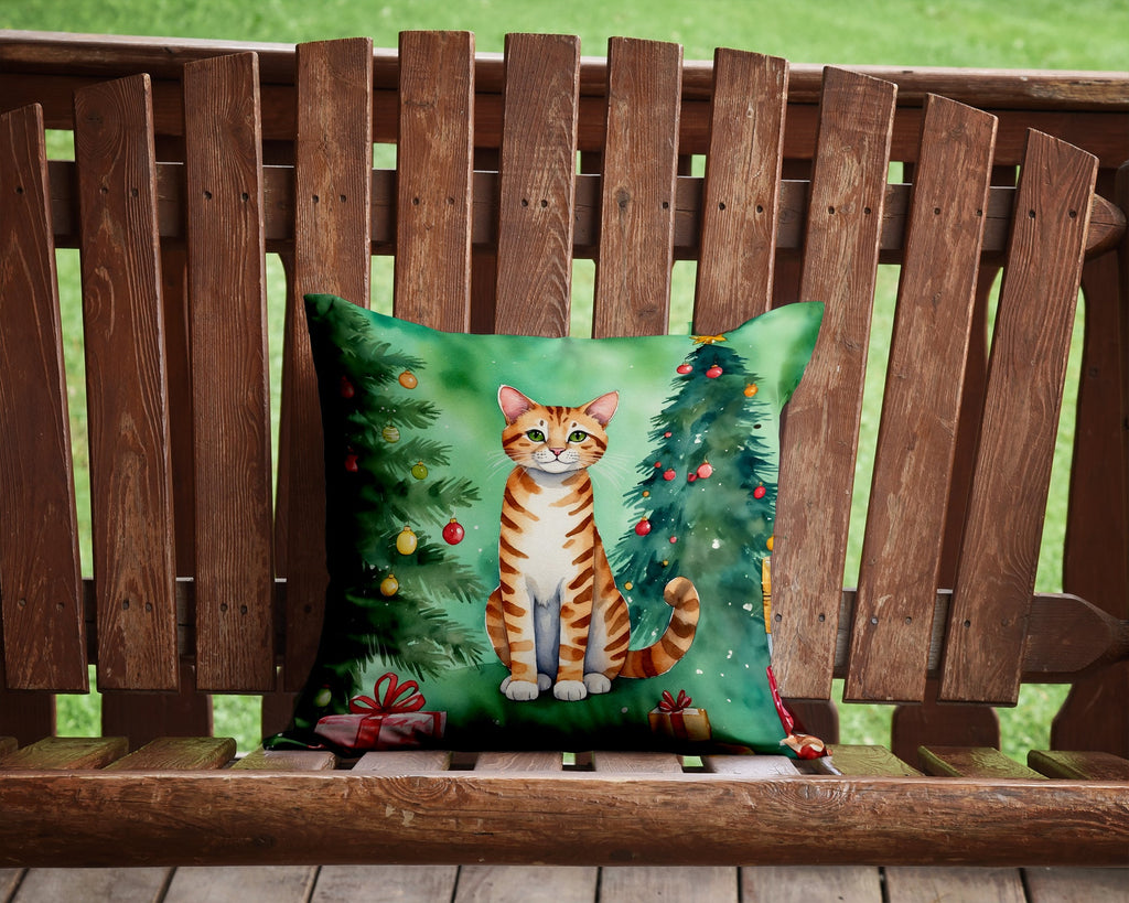 Safari Cat By the Christmas Tree Decorative Throw Pillow 14x14 Indoor Outdoor Accent Cushion, Fabric Cover with Insert for Sofa, Bed, Porch & Living Room