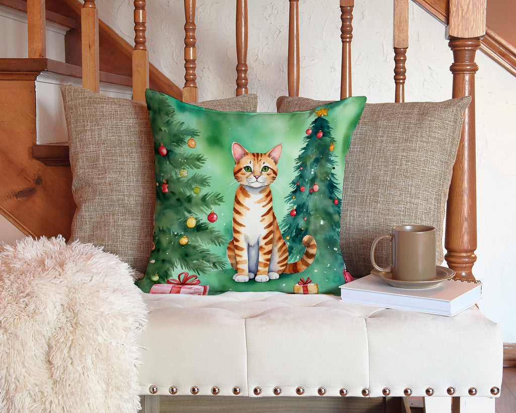 Safari Cat By the Christmas Tree Decorative Throw Pillow 14x14 Indoor Outdoor Accent Cushion, Fabric Cover with Insert for Sofa, Bed, Porch & Living Room