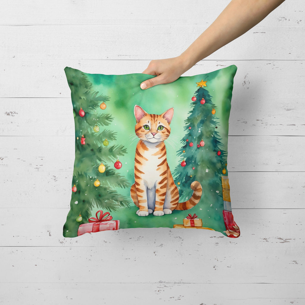 Safari Cat By the Christmas Tree Decorative Throw Pillow 18x18 Indoor Outdoor Accent Cushion, Fabric Cover with Insert for Sofa, Bed, Porch & Living Room