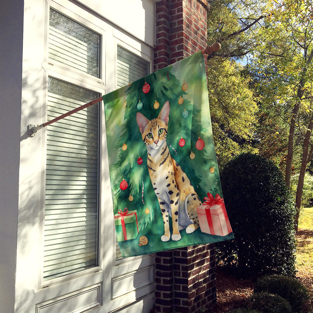 Savannah Cat By the Christmas Tree House Flag 28x40 Porch Sleeve Pole Decorative Outside Yard Banner Artwork Wall Hanging, Polyester